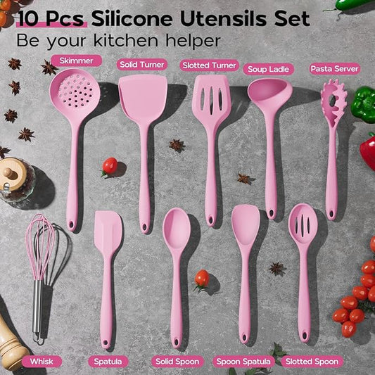 Onader Silicone Cooking Utensils Set, 10 Pieces Kitchen Utensils Set, Pink Kitchen Gadgets Tools Kit for Nonstick Cookware