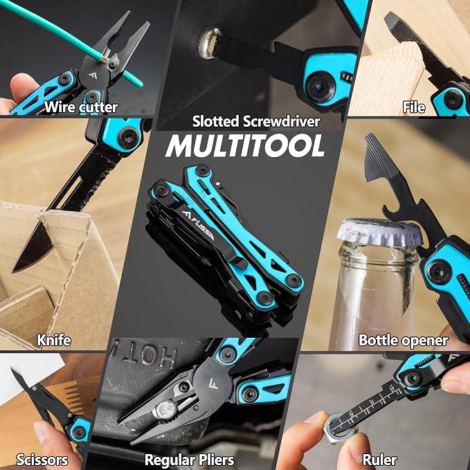 FLISSA 16-In-1 Multi-Tool Pliers, EDC Multitool, Aqua Blue | Gift for Men, Stainless Steel, Pocket Knife, Belt Clip, Oxford Pouch, Safety Locking, For Camping, Survival & Outdoor