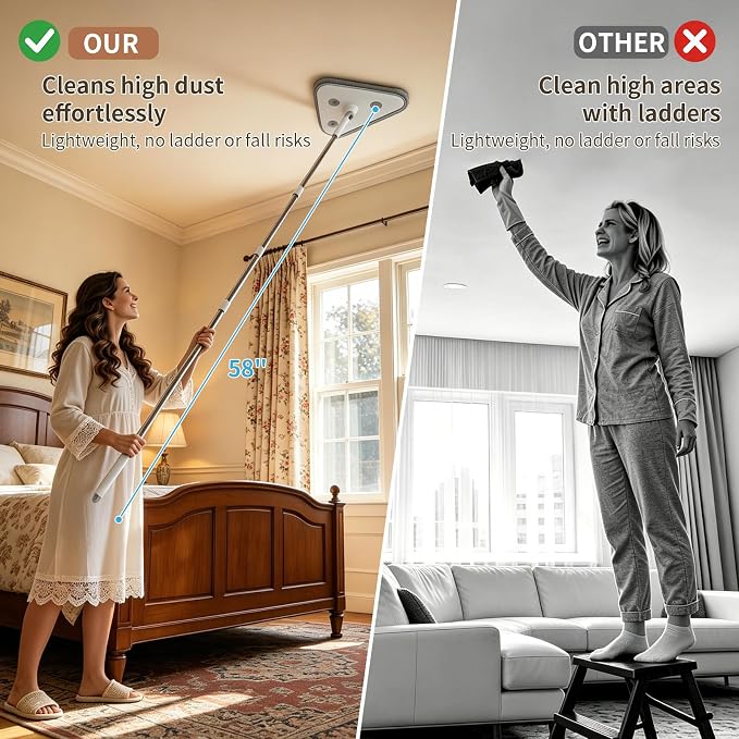 Long Handle Wall Mop & Baseboard Cleaner, 3-in-1 Wall Cleaner Mop with Extension Pole & Squeegee, Ceiling Cleaning Tool Duster with 3 Microfiber and 3 Chenille Pads for Windows, Floors, Cabinet
