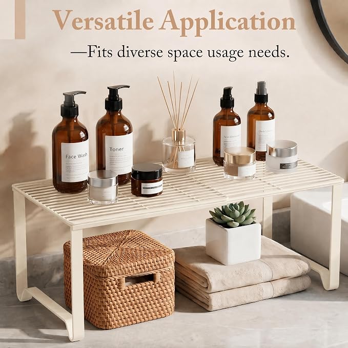 Extendable Metal Wire Shelf Organizer - Adjustable 15-24.4in Length, Stackable Storage Rack for Kitchen/Pantry/Bathroom/Shoe Cabinet/Tool Closet (1, Cream)