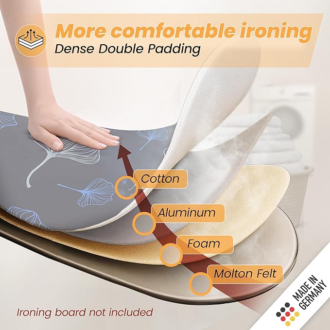 Ironing Board Cover and Pad 15x54 - Made in Germany Iron Board Cover with Heat Reflective Aluminum Coating and Padding- Heavy Duty Iron Board Cotton Cover with Elastic Drawstring Stretch Fit (Ginkgo)