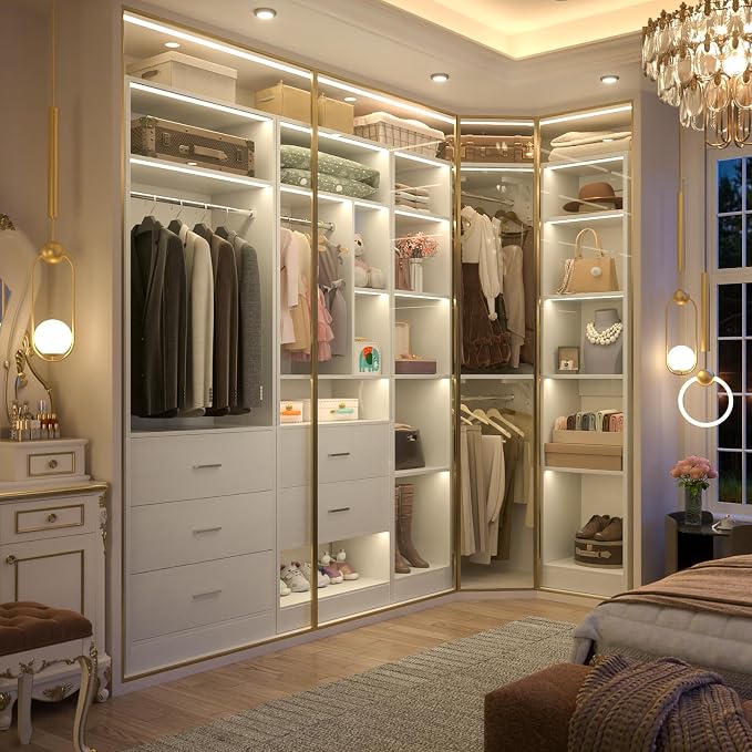 Besiost Corner Closet System with 5 Drawers, Closet Organizer System with 15+Shelvess & 4 Hanging Rods, 63.2"L * 63.2"W / 87.2"L * 39.2"W Reversible L Shaped Walk-in Closets, Load 2500+LBS, White