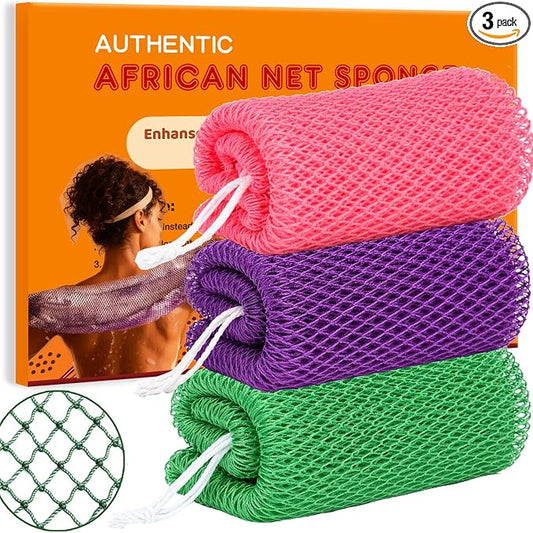 African Net Sponge Authentic Exfoliating Washcloth Body Back Scrubber 3 Pcs | 46 Inch Shower Loofah Exfoliating Bath Sponge for Women and Men Daily Use Body Care Travel Portable Accessories Spa Gifts