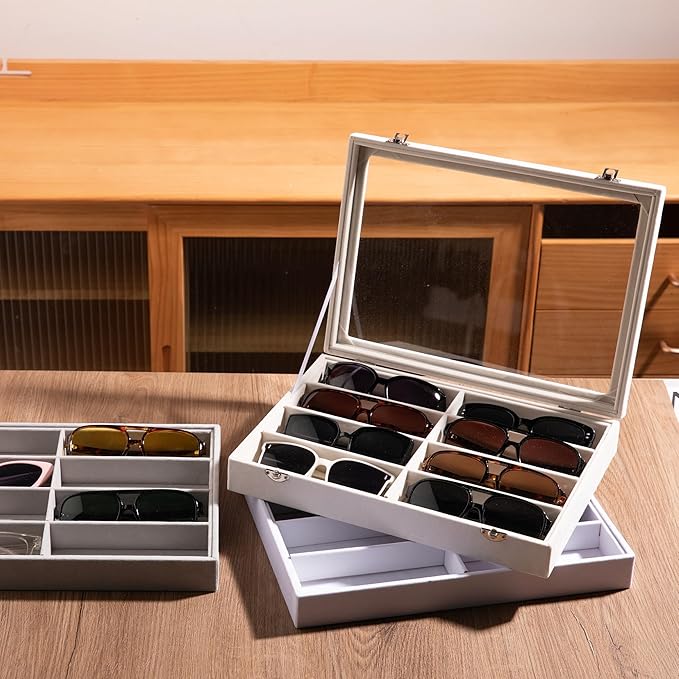 Frebeauty 8-Slot Sunglass Organizer,Velvet Sunglass Holder with Clear Lid | Vanity Glass Holder,Sunglass Case For Multiple Sunglass,Sunglass Tray for Drawer,Sunglass Box for Women,Eyeglass Organizer
