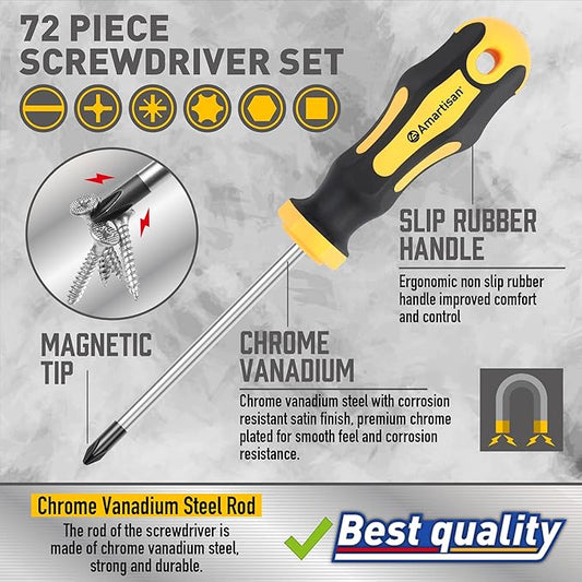 Magnetic Screwdrivers Set with Case, Amartisan 72-piece Includs Slotted, Phillips, Hex, Square, Pozidriv,Torx Bits and Insulated Screwdriver Set (1000V), Tools for Men