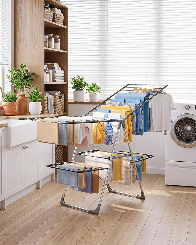 Sakugi Clothes Drying Rack, Foldable 2-Level with 70" Adjustable Wings | Laundry Room, Bedroom, Indoor & Outdoor Use, Height Adjustable, Clothing & Bedding, 70.0" L × 22.8" W, Gray
