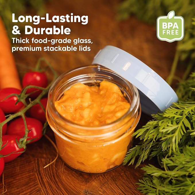 KeaBabies 6pk 4oz Glass Baby Food Containers with Lids, Leak-Proof (Nord) | Microwavable Small Glass Jars, Baby Purees, Toddler Snack Storage Containers, BPA-Free, Dishwasher-safe, Freezer Safe