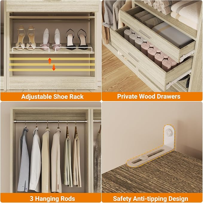 Unikito Closet System Set of 2, 4FT Closet Systems with 2 Wood Drawers, 50" Closet Organizer System with 3 Hanging Rods & 2 Shelves, Heavy Duty Walk-in Closet , White Oak (50" L x 16" W x 80" H)