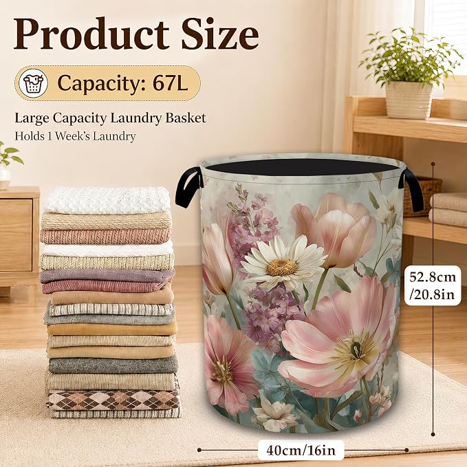 Pink Daisy Floral Large Laundry Hamper, Collapsible Oxford Clothes Basket with Handles, Freestanding Dirty Clothes Organizer for Bedroom Bathroom Dorm Laundry Room, 16 x 20.8 Inch