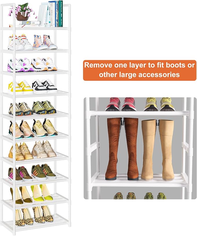 OYREL Shoe Rack, Sturdy Metal Space Saving Stackable Shoes Organizer | Closet, Entryway, Garage, Door Entrance, 10-Tier Narrow Shoe Shelf, Free Standing Shoes Holder, White