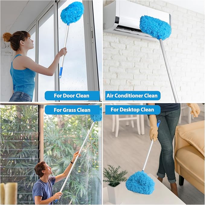 FONUNO Ceiling Fan Cleaner Duster High Ceiling Extended Fan Blade Cleaner | Reusable Microfiber Ceiling Fan Duster with Extension Handle from 13 to 50 Inch for Furniture Bookshelves Wall Door, Blue