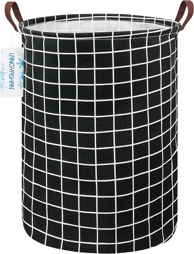 Round Laundry Basket Collapsible Storage Hamper Organizer Black Grid | Waterproof Canvas Foldable Baskets with sturdy Handles Multi-scene Organizer for Home Play Bedroom Gift Bin