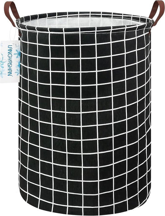 Round Laundry Basket Collapsible Storage Hamper Organizer Black Grid | Waterproof Canvas Foldable Baskets with sturdy Handles Multi-scene Organizer for Home Play Bedroom Gift Bin