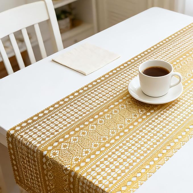 Drawer and Shelf Liner - Gold Geometric Lace Pattern,Non Adhesive | Non Slip Waterproof Easy-Clean Shelf Liner for Kitchen Cabinet, Bathroom, Pantry Storage Drawers, 17 in x 20 Ft