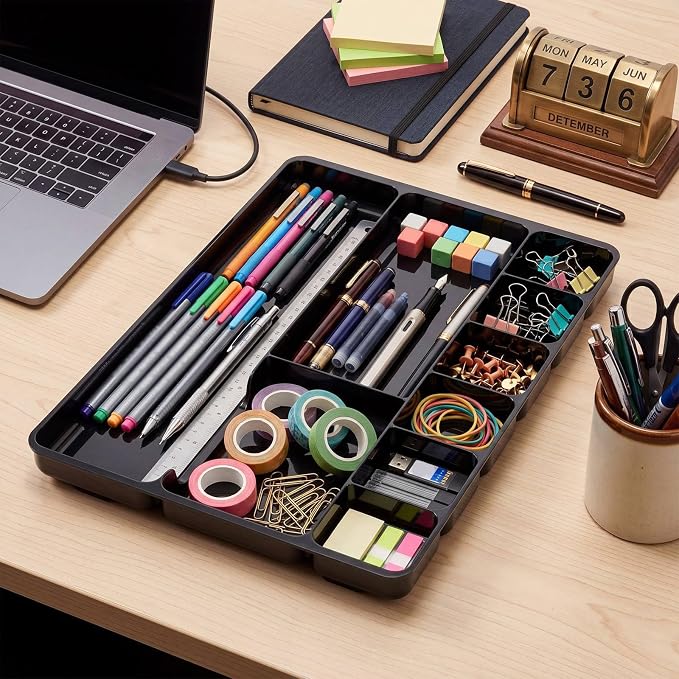 Junkin 2 Pcs Shallow Drawer Organizers 14" x 9" x 1" Desk Drawer Organizer Tray with 9 Storage Compartments for Home Office Classroom School Organizing Pens Paper Clips Sticky Notes (Black)