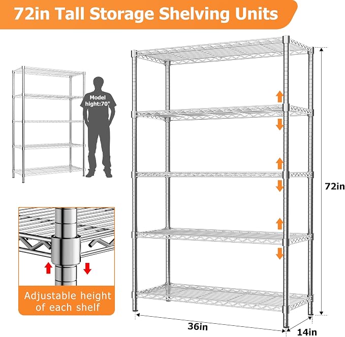 ROOMTEC 5-Tier Wire Shelving Unit,36" W*14" D*72" H, Max Load 1750LBS | Adjustable Storage Shelves, Small Garage Shelving, Metal Shelf Rack for Kitchen, Laundry, Pantry, Warehouse, Basement
