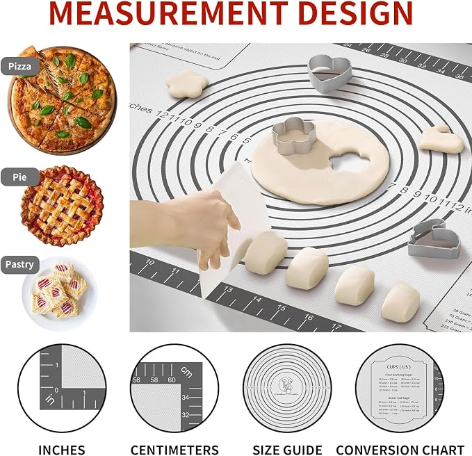 Silicone Baking Mat with Measurement, Non Stick Pastry Mat for Dough Rolling, Fondant Mat, Pie Crust Pizza, Macaron,Cookie Sheet, Reusable Baking Supplier Tools