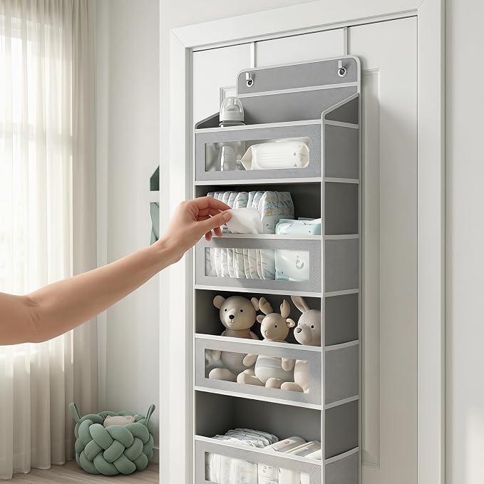 5 tier over the door organizer，behind door organizer，no drill door hanging storage for Bedroom Dorm Wardrobe Home Travel (Modern Minimalist Light Gray)