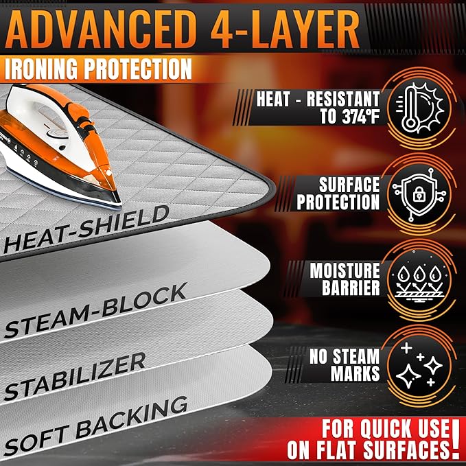 Portable Ironing Mat for Table Top - 39.8" X 18.3" Ironing Pad for Table with Magnetic Edges & 4-Layer Heat Protection, Silicone Iron Rest Pad - Foldable Fabric Mat for Washer, Dryer & Countertop