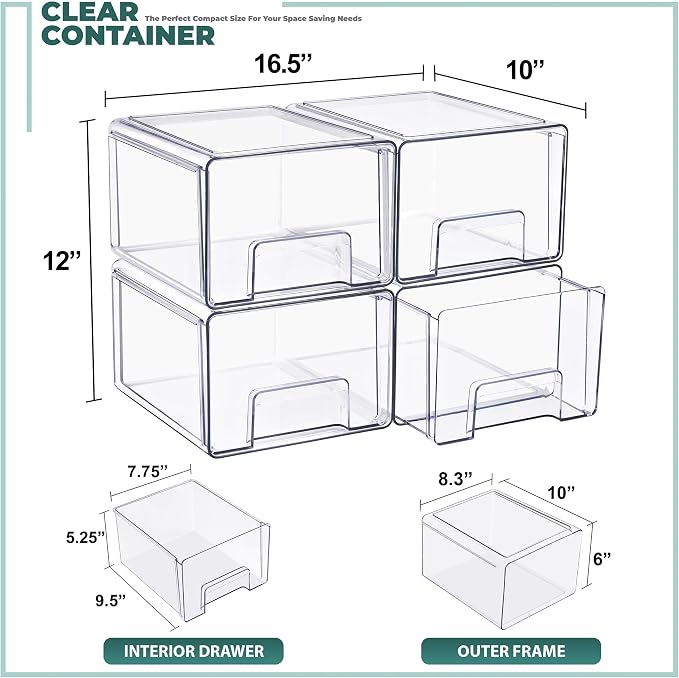 Sorbus Large Clear Stackable Storage Drawers 4-Pack Plastic Organizer Bins with Handles Pull-Out Drawers for Bathroom Closet, Medicine, Cabinet, Pantry Storage, Baby Bottle Organizer