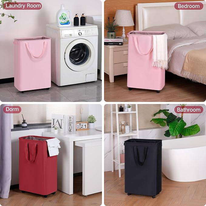 efluky Slim Laundry Hamper with Wheels, Rolling Laundry Basket for Clothes, Small Laundry Basket for Bedroom, Dorm and Laundry Room, 75L (19.8 Gallons) Red