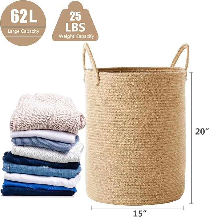 Jute Woven Hamper Laundry Basket Tall Wicker Hamper 60L Large | Rope Clothes Hamper Rattan Blanket Basket in Living Room Bedroom Baby Kids Hamper 15Dx20H Inches