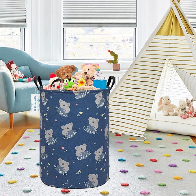 Round Laundry Basket Collapsible Storage Hamper Organizer Space Koala | Waterproof Canvas Foldable Baskets with sturdy Handles Multi-scene Organizer for Home Play Bedroom Gift Bin