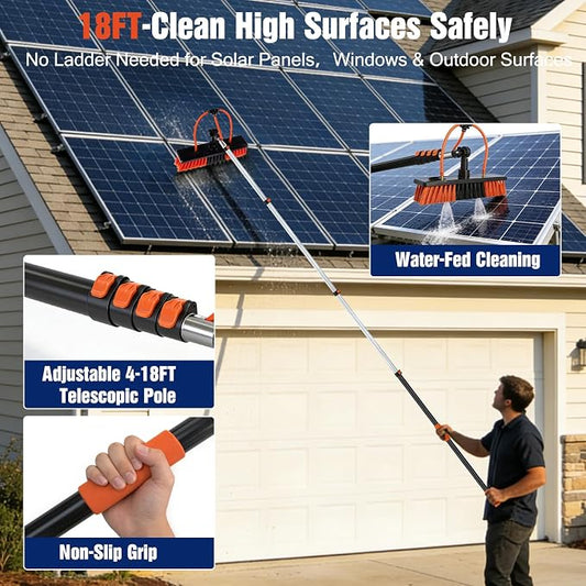 Up to 24FT Reach Water Fed Pole Window Cleaning Kit, 18FT Telescopic Extension Pole with 180° Rotating Brush & Built-in Soap Dispenser for Solar Panels, Windows, RVs, Gutters & Exterior Walls