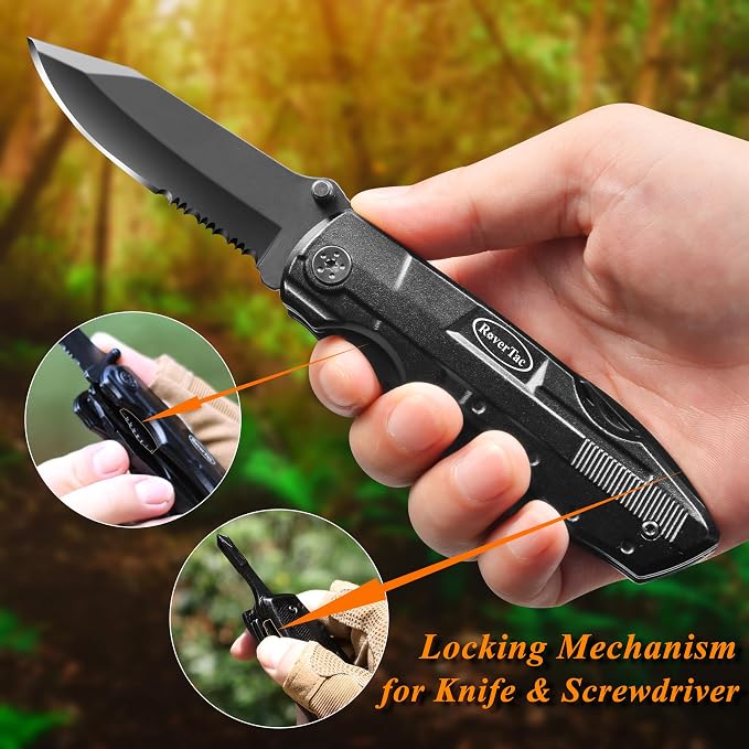 Pocket Knife, 15-in-1 Multitool with Pliers, Bottle & Can Opener, 9 Screwdriver Bits, Locking Mechanism & Nylon Sheath - EDC Multi Tool for Camping, Hiking & DIY, Gift for Men & Dad