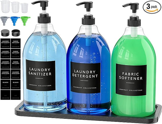 Moforoco 3 Pack Black Liquid Laundry Detergent Dispenser with Bamboo Tray, 64 Oz Plastic Laundry Soap Dispenser, Fabric Softener Dispenser with Pump and Labels for Laundry Room Decor and Organization