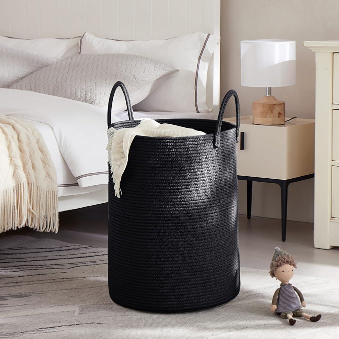 80L Large Black Hamper Woven Tall Laundry Basket for Clothes | Cotton Rope Modern Blanket Storage Basket in Living Room Bedroom 16Dx22H inches