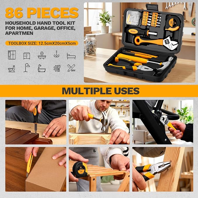 DEKOPRO 86PCS Tool Set Household DIY Tool Kit with Storage Toolbox, Small Compact Hand Tool Box Set for Home Use, DIY, Apartment, Office & Home Repair, Orange