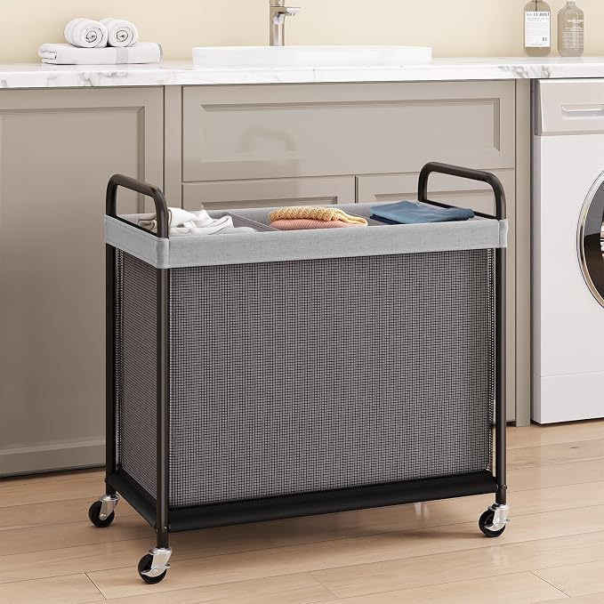 ELYKEN Laundry Hamper 3 Section, 120L Rolling Laundry Sorter with Wheels | Removable Washable Liner Bags, Sturdy Steel Frame and Metal Handle, 3 Compartment Clothes Organizer for Laundry Sorting