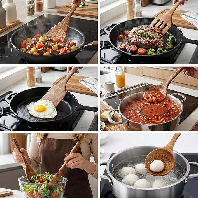 7 Pcs Acacia Wood Cooking Utensils Set Large Wooden Spoons for Cooking Spatula Salad Mixing Spoon Non Toxic Utensil for Kitchen Use Spatulas Non Stick Turner Slotted Serving Spoon Kitchen Utensils
