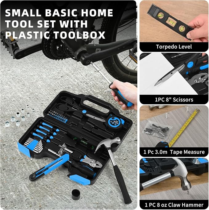 144-Piece Blue Tool Kit for Home, Household Hand Set with Plastic Toolbox | General basic repair tools for women & college students; all-purpose dorm set for home, apartment, office DIY daily repairs