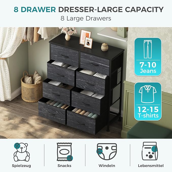 OLIXIS Dresser for Bedroom, 8 Storage Drawers, Tall Fabric Tower Organizer | Large Dresser for Closet, Chest of Drawers with Metal Frame Wooden Top for Nursery, Living Room, Black Wood Grain