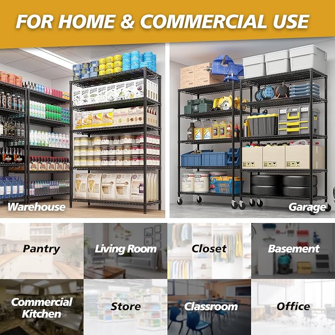 Karl home Heavy Duty 5-Tier Storage Shelving, Black Adjustable Metal Rack | 3200LBS Capacity Wire Storage Shelving Unit, 75.59"H x 55.12"W x 23.62"D, Multipurpose Organizer for Garage, Kitchen