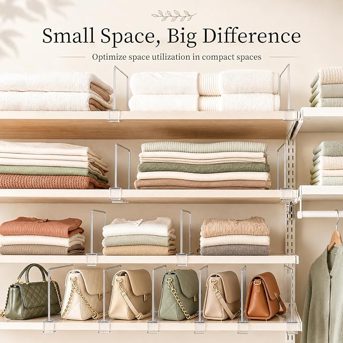 SortNStore Shelf Dividers Purse Organizer for Closet: 6-inch Tall(Shorter Version) Acrylic Handbag Organizer - Small Space Separator for Clutches Evening Bags Pouches Mini-Bags on Wood Shelves 8-Pack