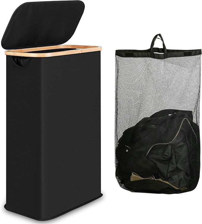 iEGrow 65L Slim Laundry Hamper, Narrow Laundry Basket with Lid，Black | Foldable Clothes Hamper with Bamboo Handles,Hamper Basket with Removable Inner Bag for Laundry Room Bedroom College Dorm