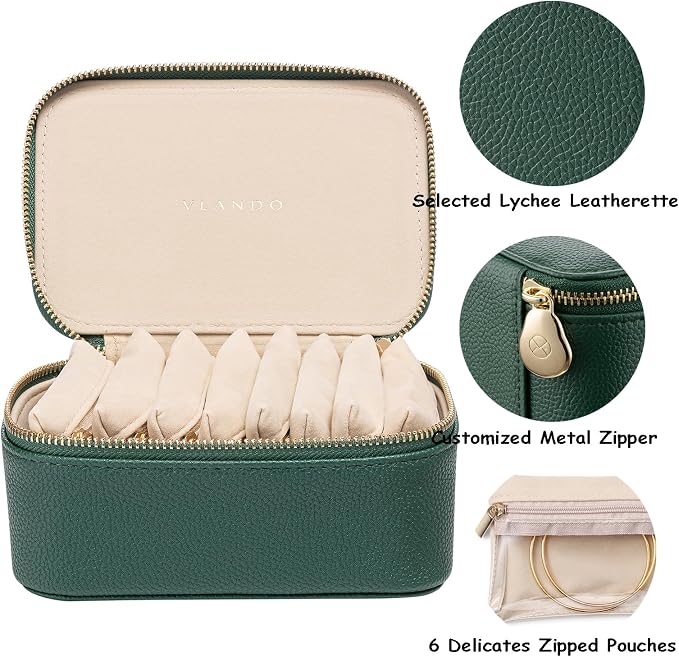 VLANDO Travel Jewelry Box Organizer – Portable PU Leather Jewelry Case with 6/8/12 Zippered Pouches, Compact Storage for Earrings Rings Necklaces Bracelets, Dark Green
