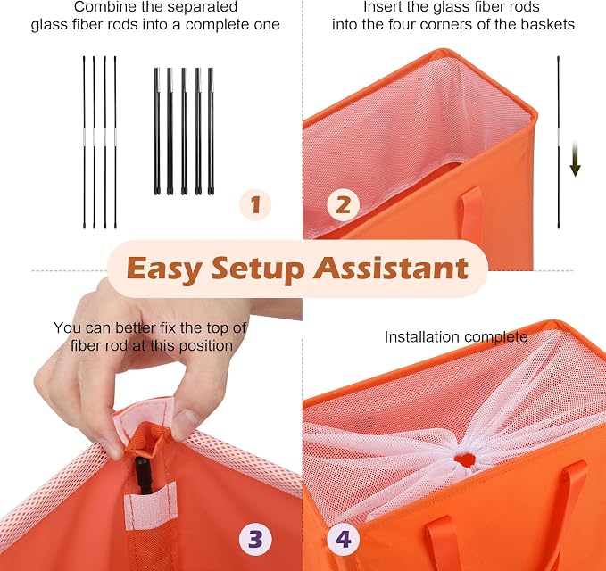 Odonata Slim Laundry Hamper Handles Collapsible Laundry Basket Thin Dirty Clothes Basket Narrow Laundry Bag Foldable Dirty Hamper 45L (Orange)