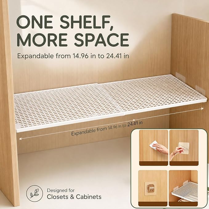 2 in 1 Expandable Floating Metal Cabinet Shelf, White, 1pc | Adjustable, 2 In 1, Stand or Float, For Kitchen Pantry, Closet, Wardrobe