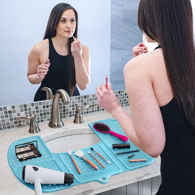 Sink Topper Bathroom Sink Cover for Counter Space, Large Blue | Holds up to 7 lb on a steel frame; fits over basins 19-23 in; 480°F silicone; foldable makeup mat; countertop extender