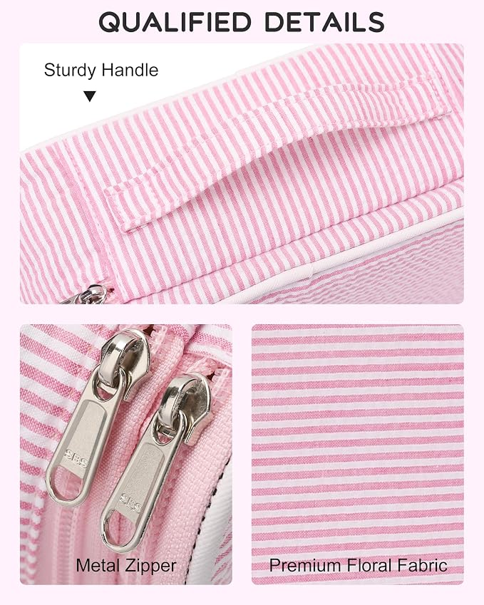 Relavel Pink Makeup Bag, Dual-Layer Cute Travel Cosmetic Bag with Make Up Brush Compartment, Multi-Functional Small Toiletry Organizer, Preppy Accessories for Daily Use, Pink Strip