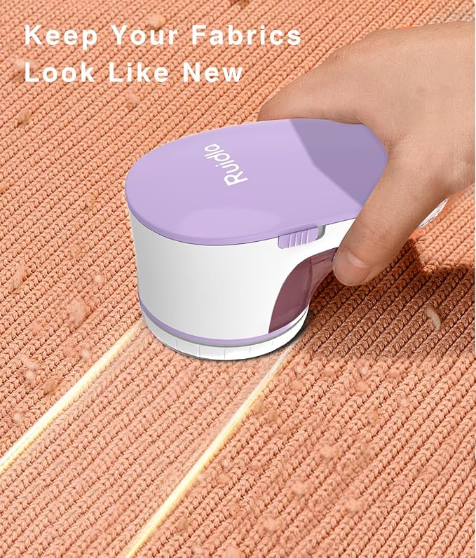 Ruidla Fabric Shaver Lint Remover,Sweater Shaver with Replaceable Stainless | Steel 6-Leaf Blades, Fabric Defuzzer for Clothes Fuzz, Lint Balls - Battery Operated(Purple)