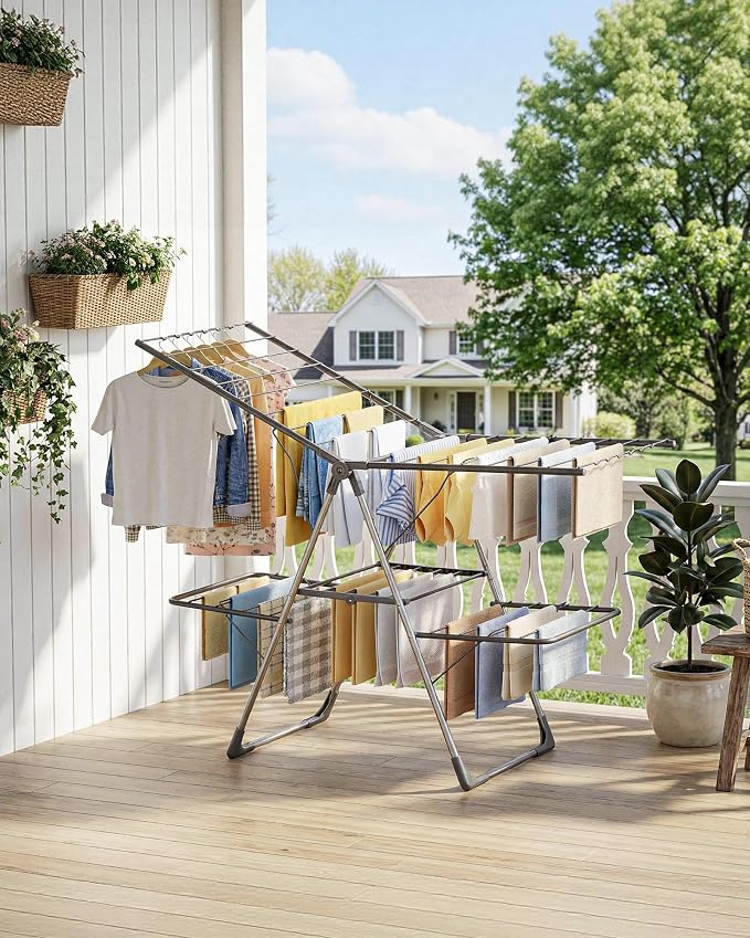Sakugi Clothes Drying Rack, Foldable 2-Level with 55.5" Adjustable Wings | Laundry Room, Bedroom, Indoor & Outdoor Use, Height Adjustable, Clothing & Bedding, 55.5" L × 22.8" W, Gray