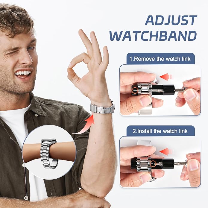 Jorest Watch Link Removal Tool, Watch Band Tool Kit, Tool for Watch Bracelet Adjustment and Replacement and Resizing, with Doubled-Ended Pin Punches，6Pcs Spare Needle, 2 Hammer-Like for Installation