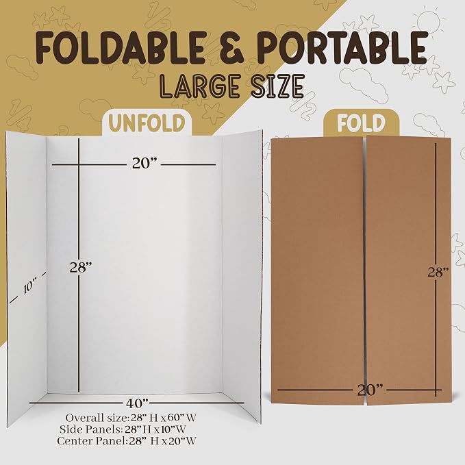 White Tri-Fold Presentation Board 28" X 40" Corrugated Tabletop Display Exhibition Board Lightweight and Portable with Smooth Surface Great for school projects and business presentations - By Emraw