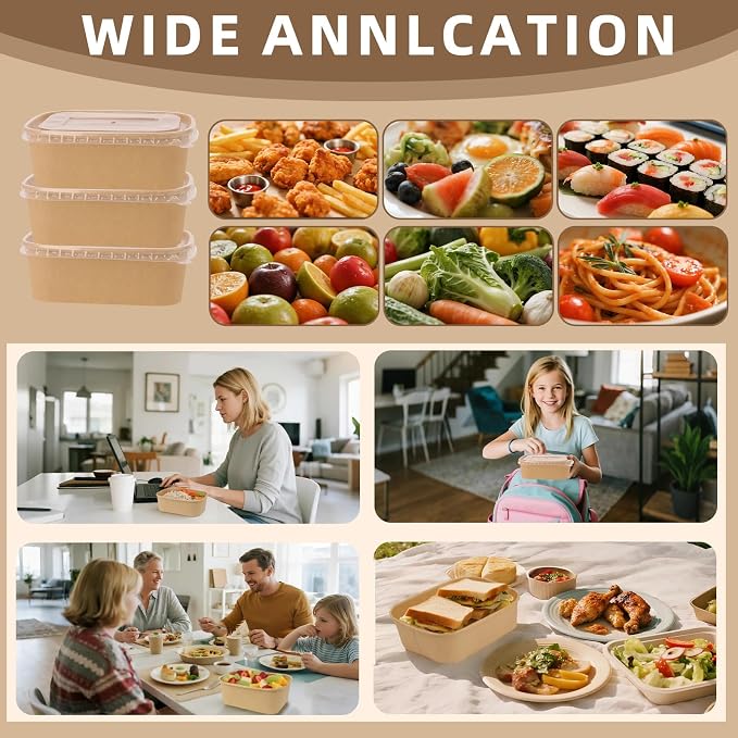50 Pack 35 oz Paper Food Containers with Lids, Meal Prep Containers Disposable Large Paper Bowls, Microwavable and Freezer Storage Use Cardboard Food Containers