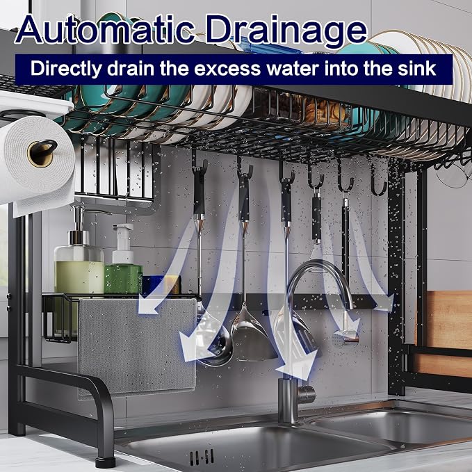 LIVOD Over Sink Dish Drainer Drying Rack, 2 Tier Full Stainless Steel Storage Adjustable Length Kitchen Rack, Multifunctional Expandable Counter Organizer, Space Saver Dish Rack